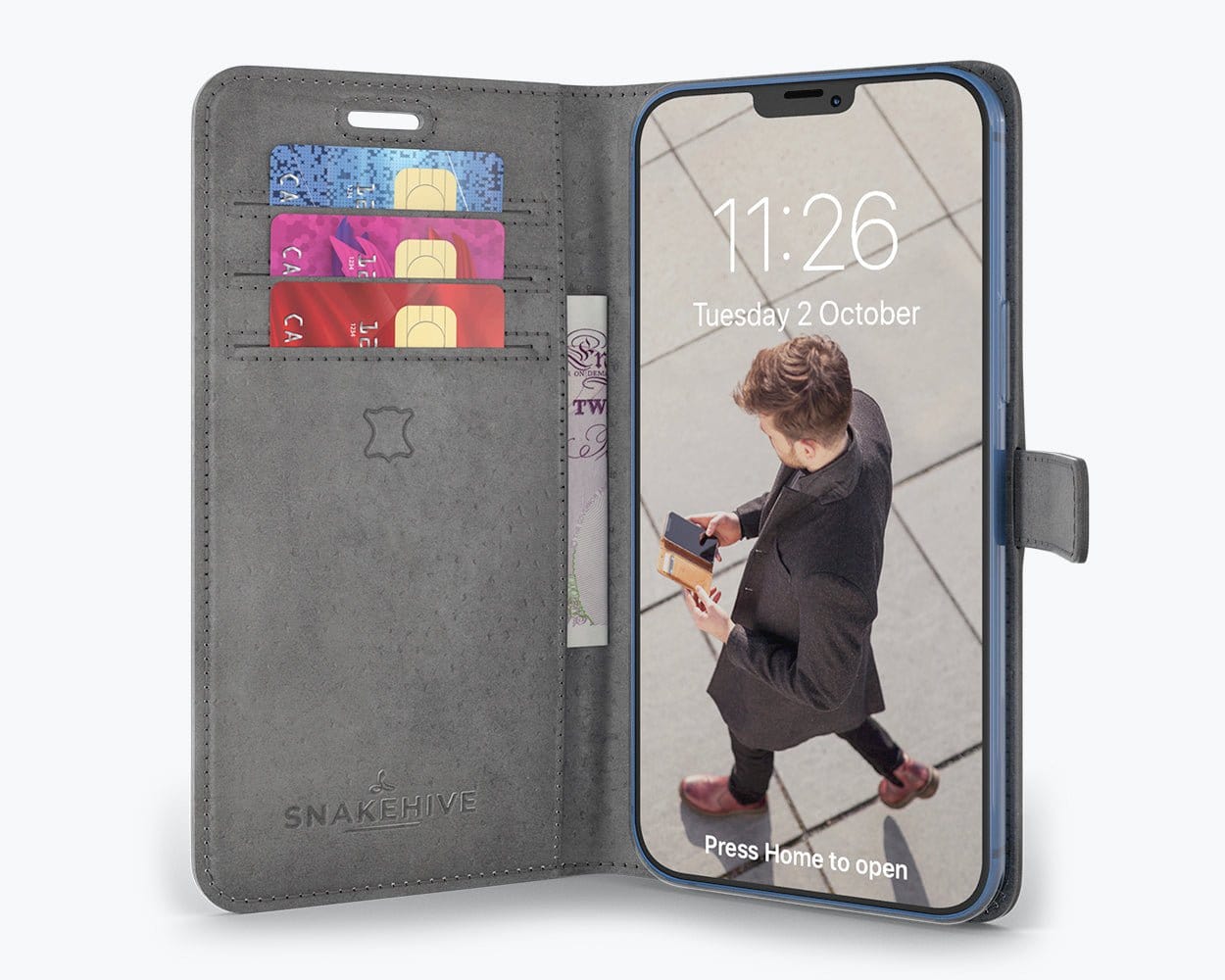 Apple iPhone 12 Pro - Vintage Leather Wallet Grey Apple iPhone 12 Pro - Snakehive UK